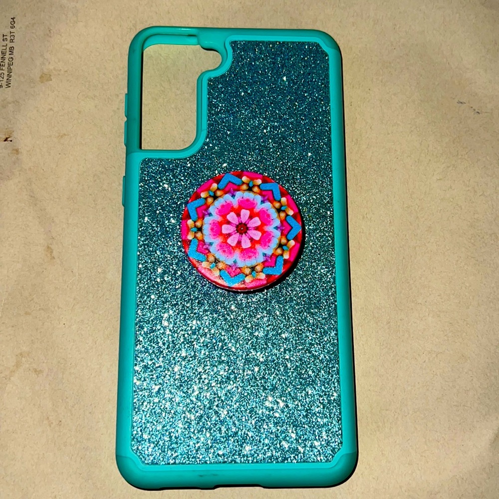 Samsung Galaxy S21+ plus 5G Blue Glitter case with Popsocket